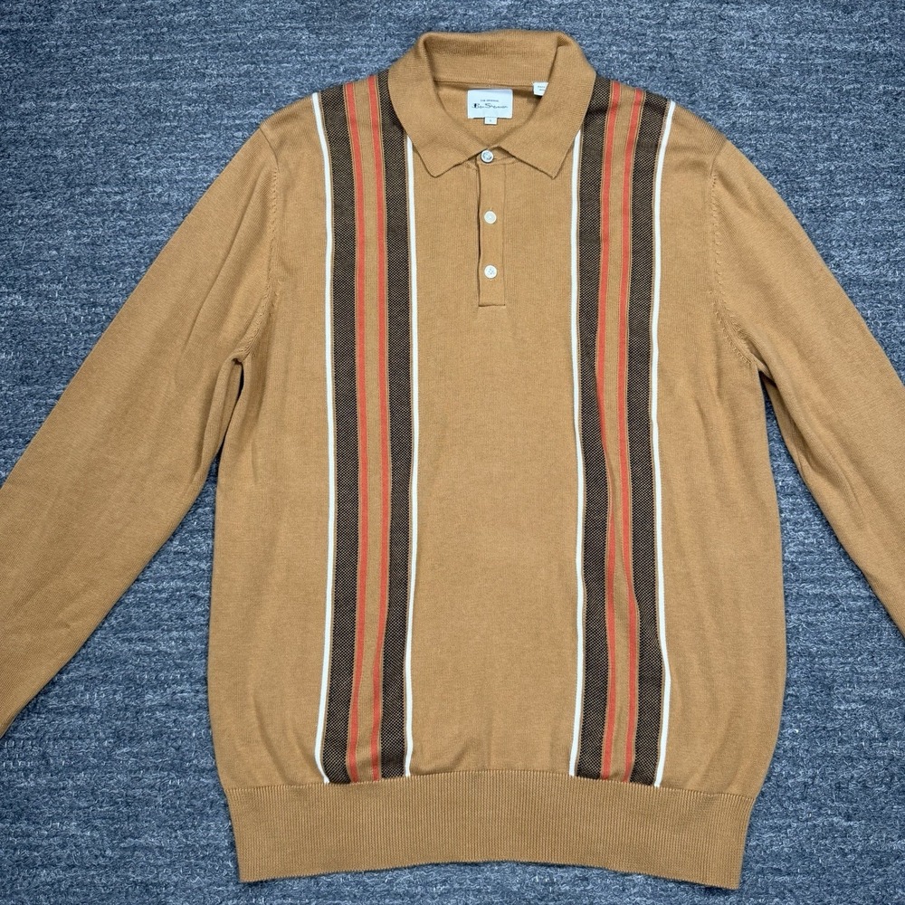 Ben Sherman Vertical Stripe Knit Long Sleeve Polo Sweater Men Large Tan Retro